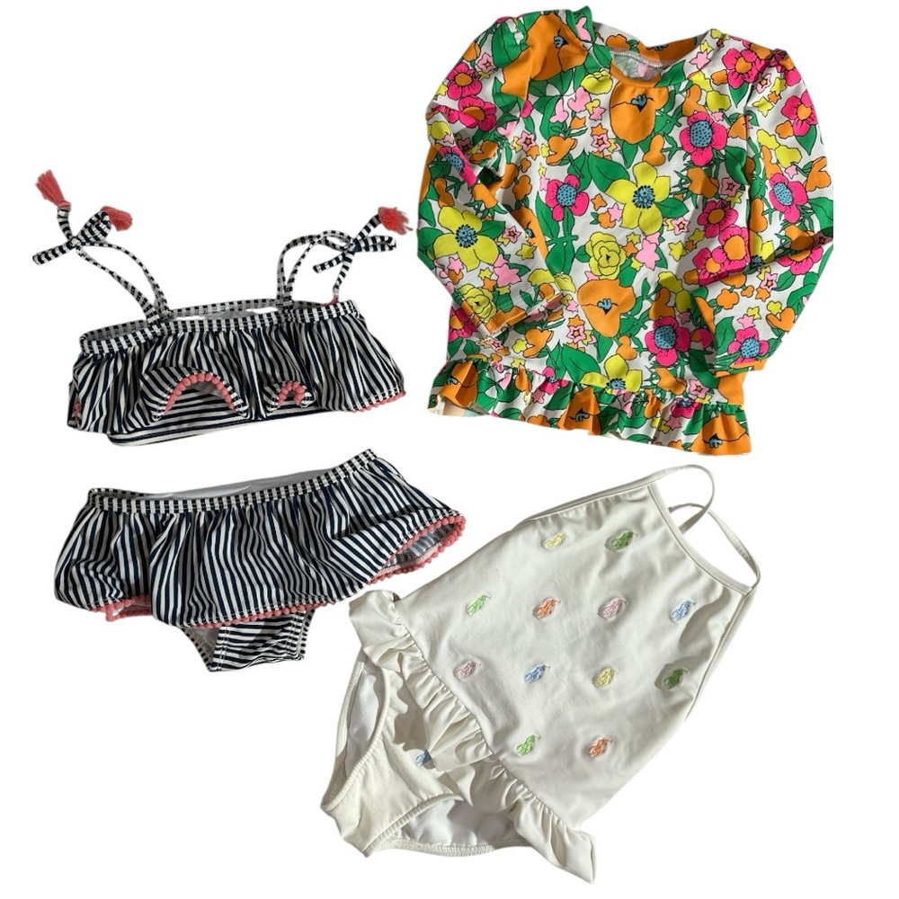 Nwot baby girls ruffle Pom Pom bikini, one piece and floral rash guard 18m